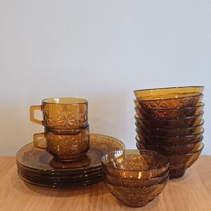 Vintage 70s Vereco Amber Glass Dish Set